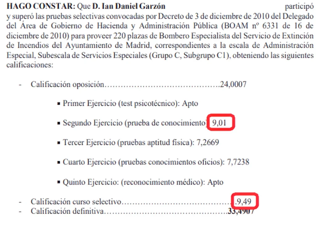 Certificado oficial de resultados en oposiciones a Bombero Especialista en Madrid
